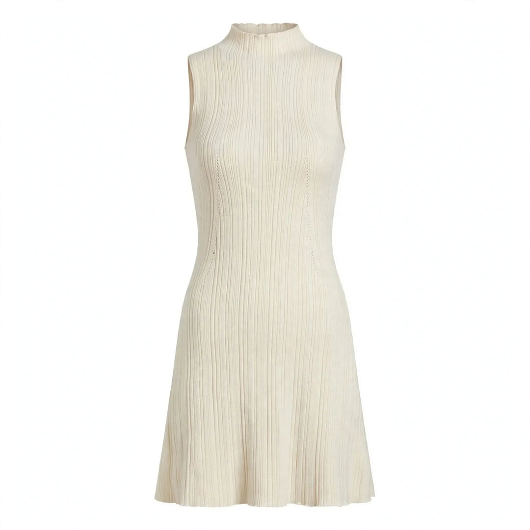 Rhian Oakwell Cream Ribbed Knit Halter Mini Dress For Women, view 2 - Elena Harper