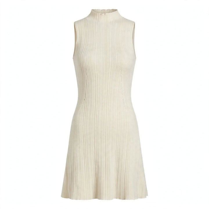 Rhian Oakwell Cream Ribbed Knit Halter Mini Dress For Women, view 2 - Elena Harper