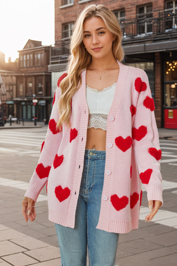 Knit Cardigan with Heart Print - Ailith