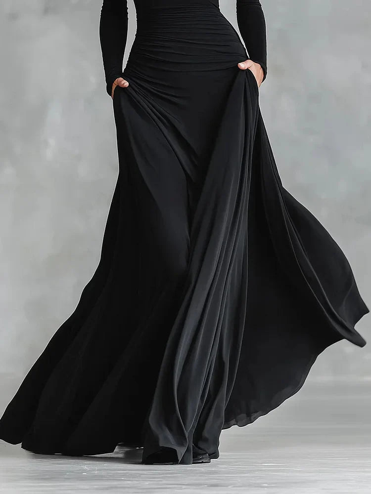 Modern long black crêpe dress with pleated boat neck - Elena Harper