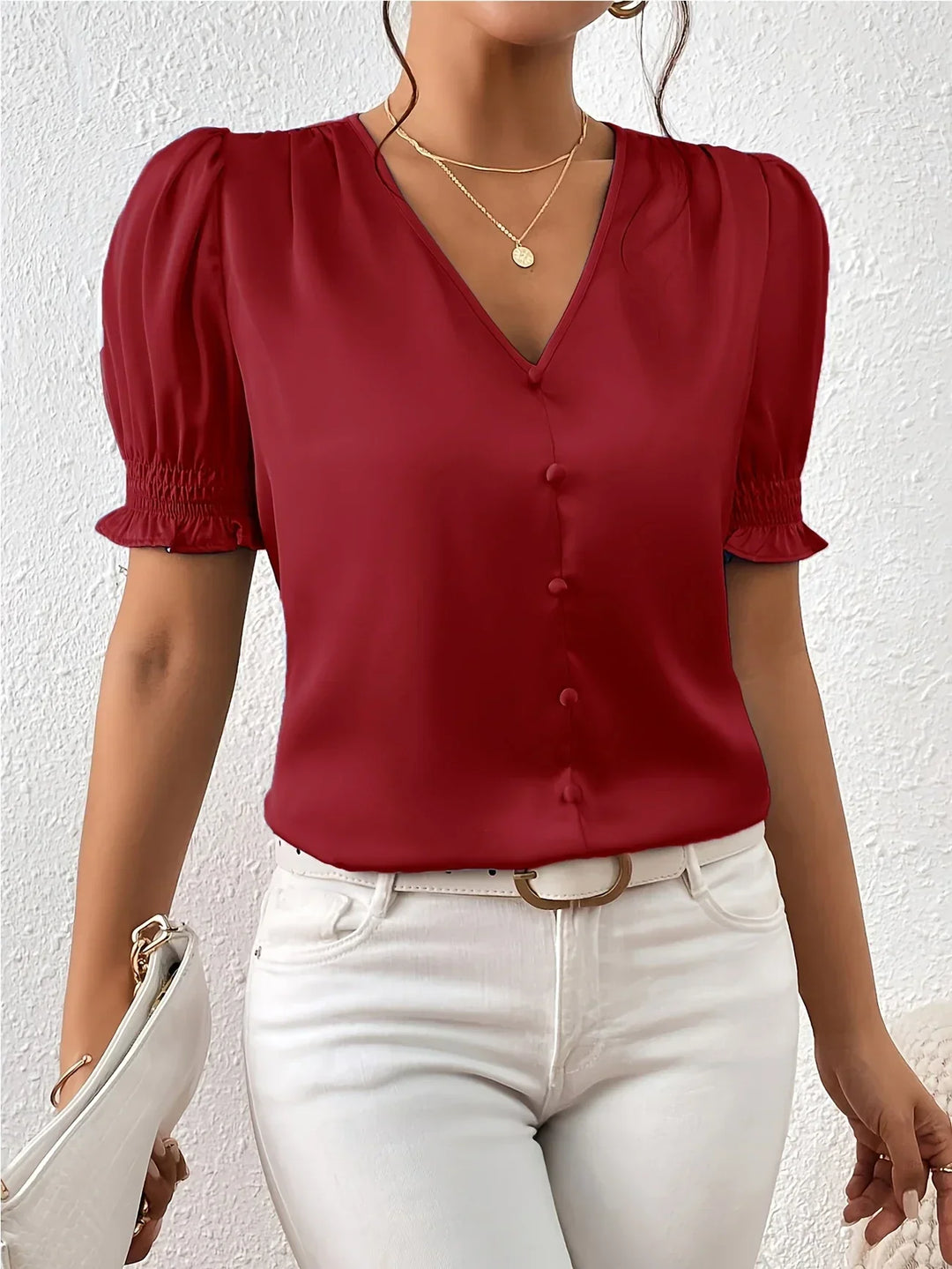 Abella - Elegant Blouse with V-Neck and Puff Sleeves