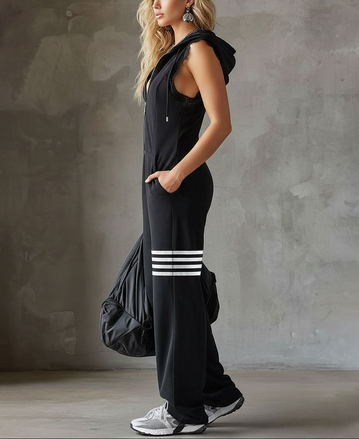 Giada Retro Sports Jumpsuit with Hood and Stripes - Elena Harper