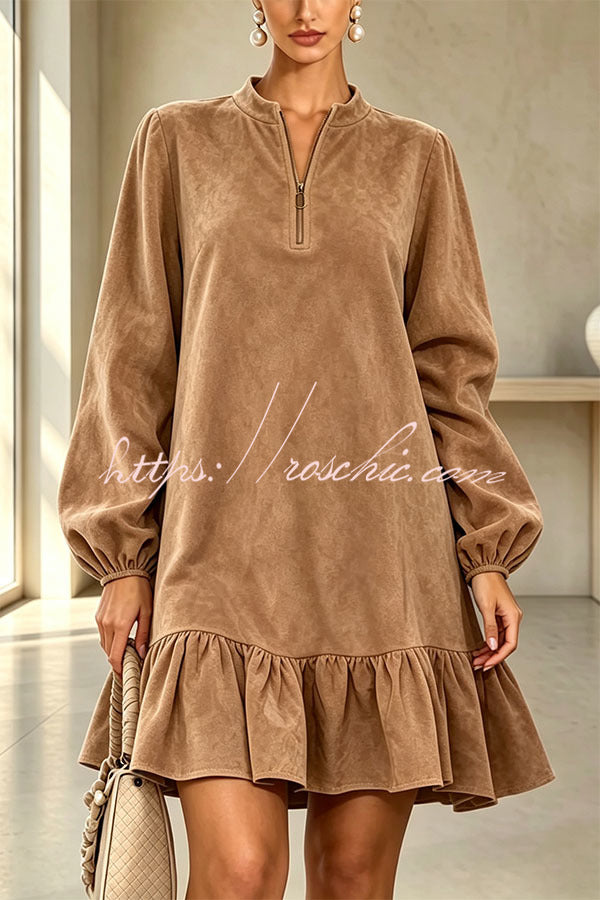 Suede Zipper Neck Long Balloon Sleeve Ruffle Hem Mini Dress
