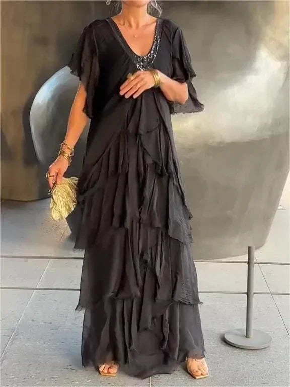 Elegant Maxi Dress with V-Neck and Ruffled Sleeves