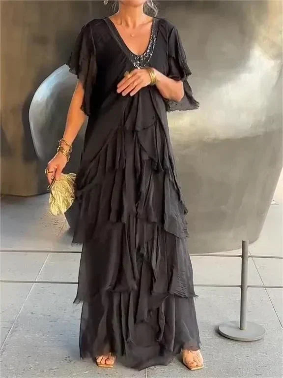 Blaise Ruffled Short Sleeves V-Neck Maxi Dress - Elena Harper