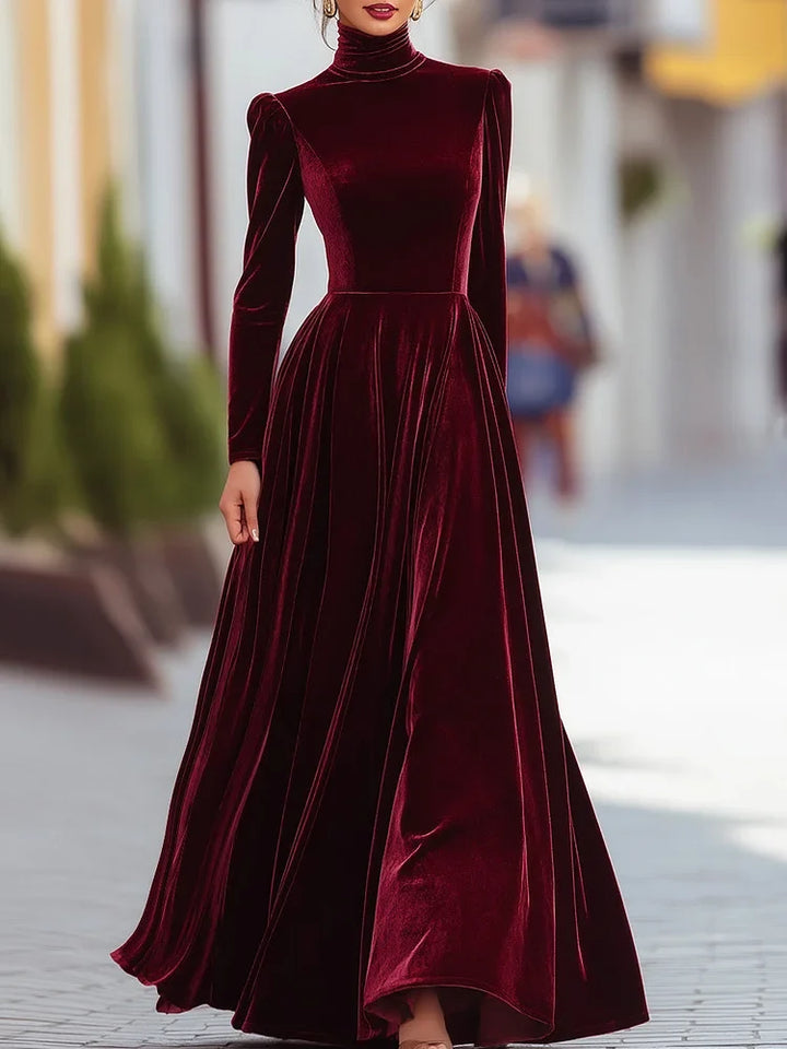 Burgundy Velvet Evening Dress with Long Sleeves - Elena Harper
