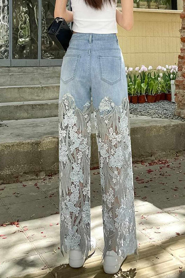 Elegant Lace Openwork Casual Pocket Straight Leg Jeans