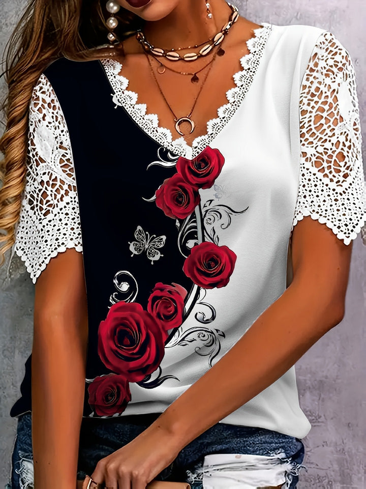 Women's Floral Top with V-Neck and Lace Sleeves