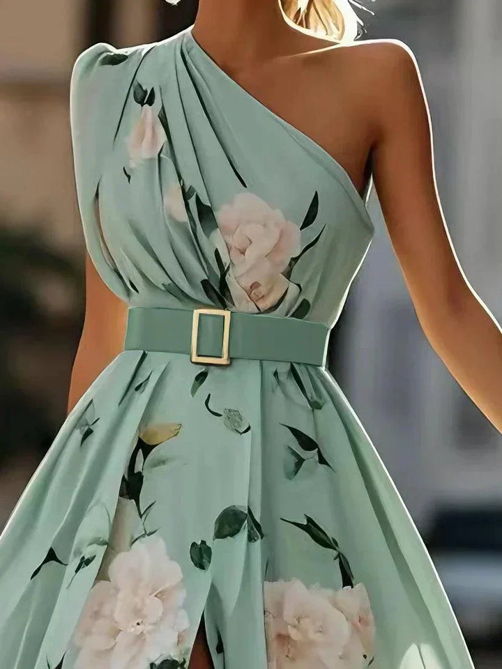 Julie Light Green Floral Chiffon One-Shoulder Maxi Dress - Elena Harper