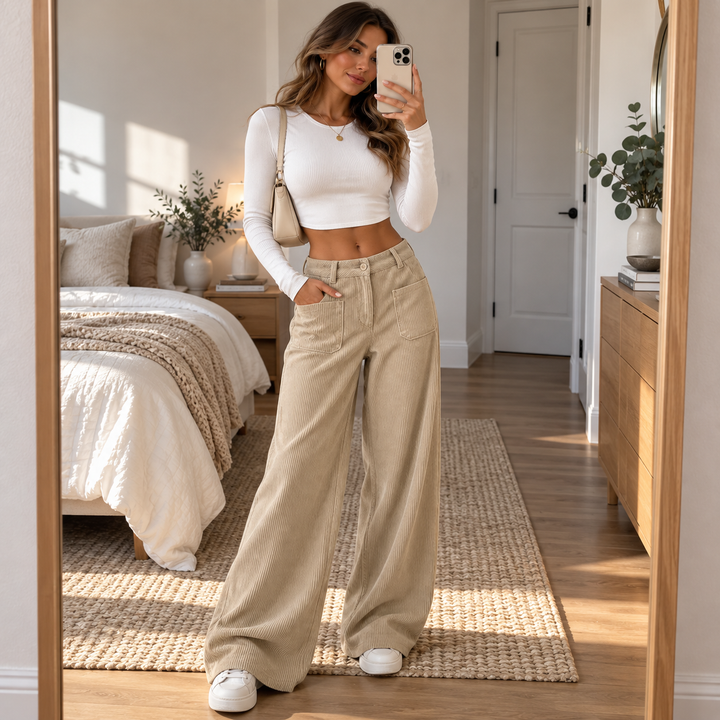 Cordelle High-Waisted Stretch Corduroy Wide-Leg Trousers - Elena Harper