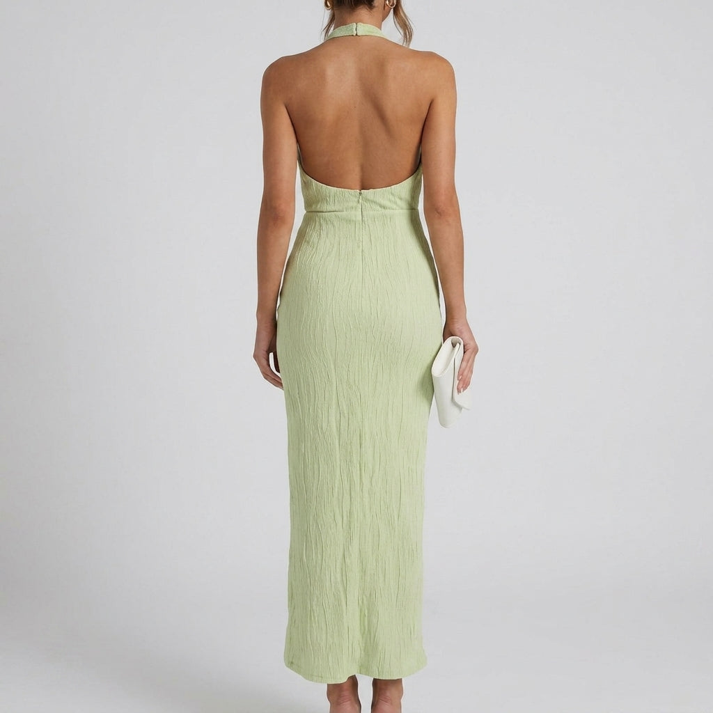 Backless Midi Dress Pleated Neckline Slim Fit Wedding Party