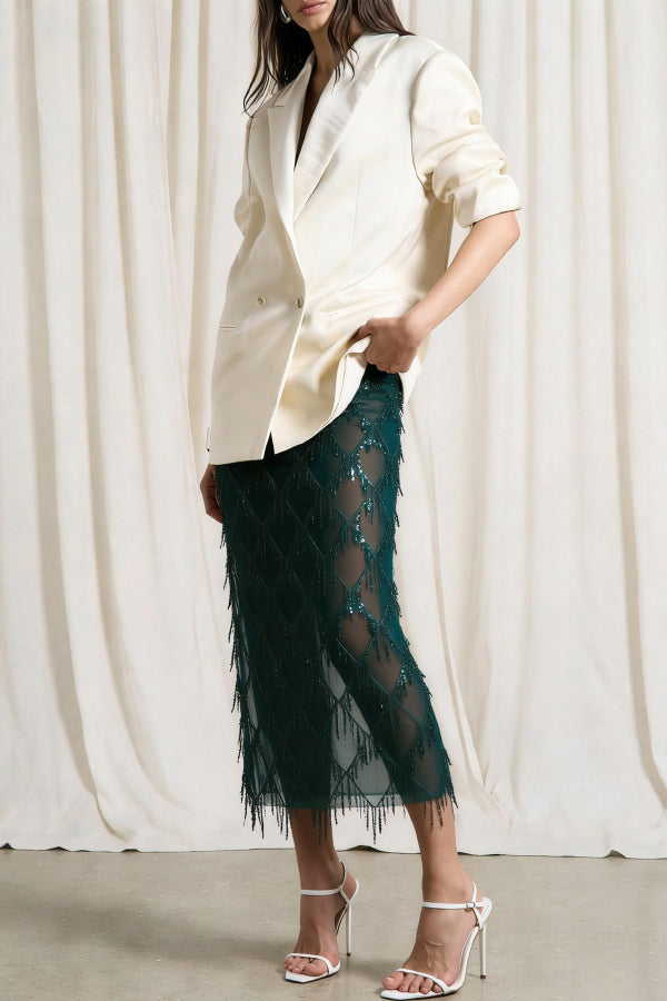 Fashionable Mesh See-through Sequined Tassel Midi Skirt