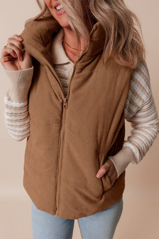 Padded Corduroy Vest with High Collar for Women - Norayne
