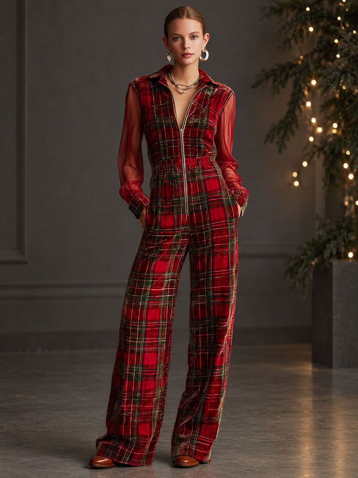 Retro Long-sleeved Mesh Red And Green Plaid Velvet Wide-leg Jumpsuit, view 4 - Elena Harper