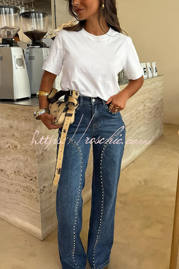 Trendy and Unique Denim Beaded High Rise Pocket Straight Leg Jeans