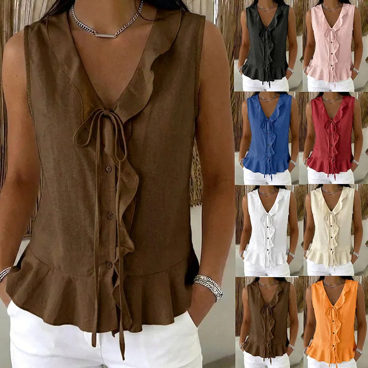 Brigela Airy Cotton Top with Tie and Ruffled Hem, view 9 - Elena Harper