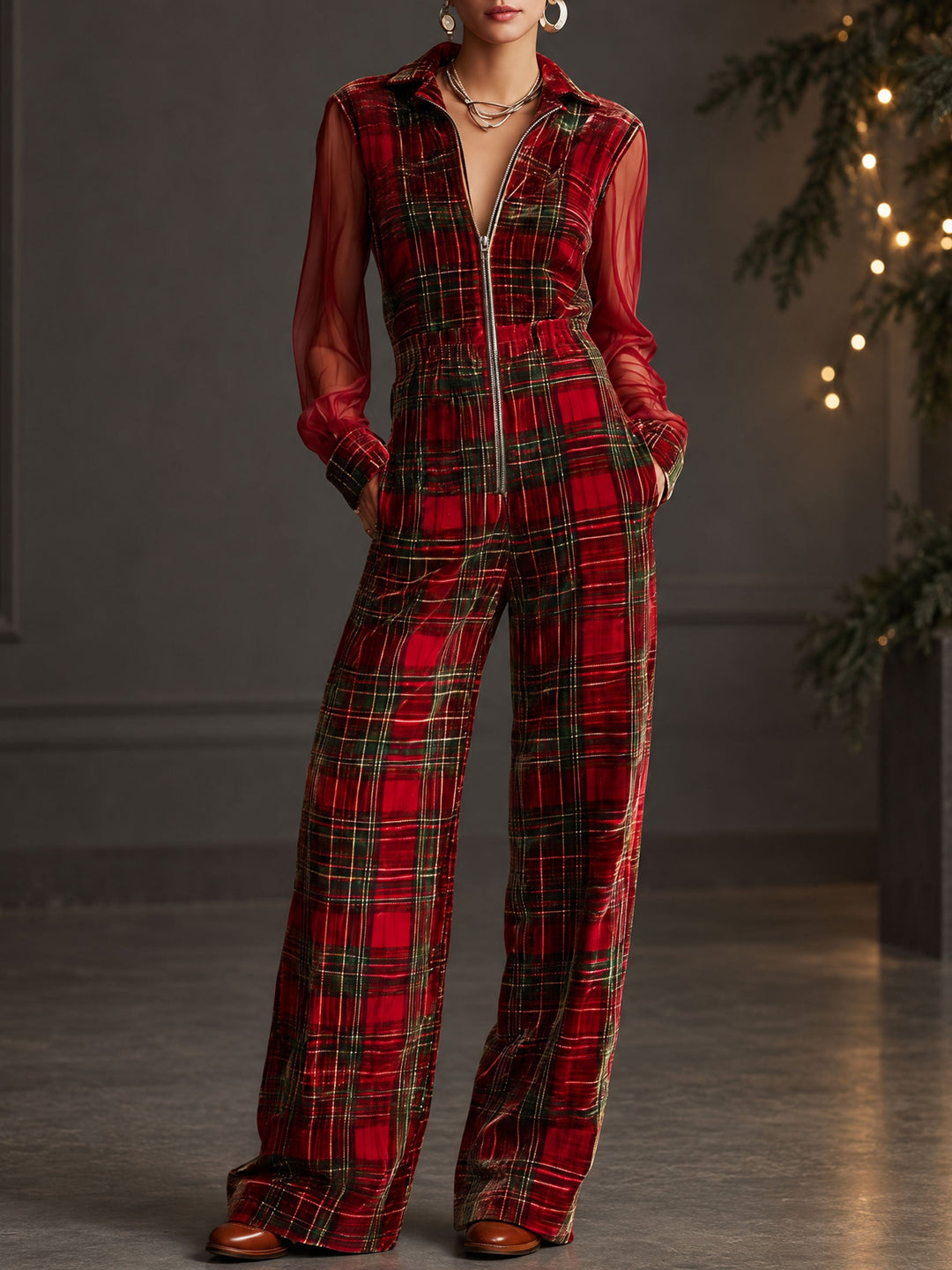 Retro Long-sleeved Mesh Red And Green Plaid Velvet Wide-leg Jumpsuit - Elena Harper