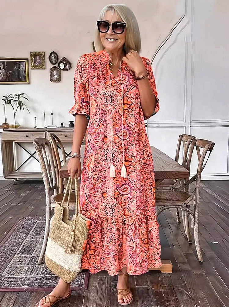 Carolette Boho Drawstring Neck Maxi Dress - Elena Harper