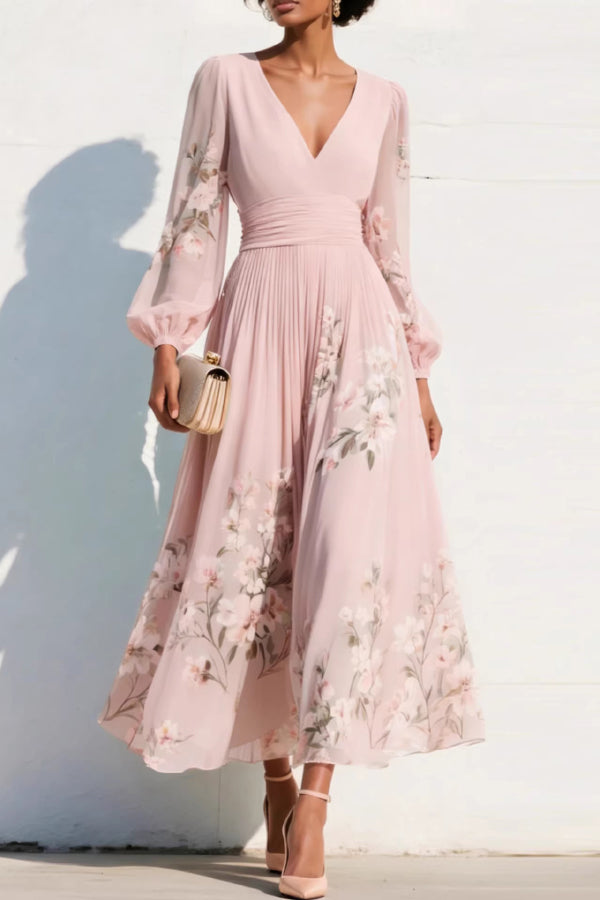 Floral Print V-neck Long-sleeved Fitted Waist Casual Maxi Dress, view 2 - Elena Harper