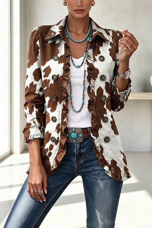Stylish and Unique Printed Ruffle Trim Button-down Long Sleeve  Jacket