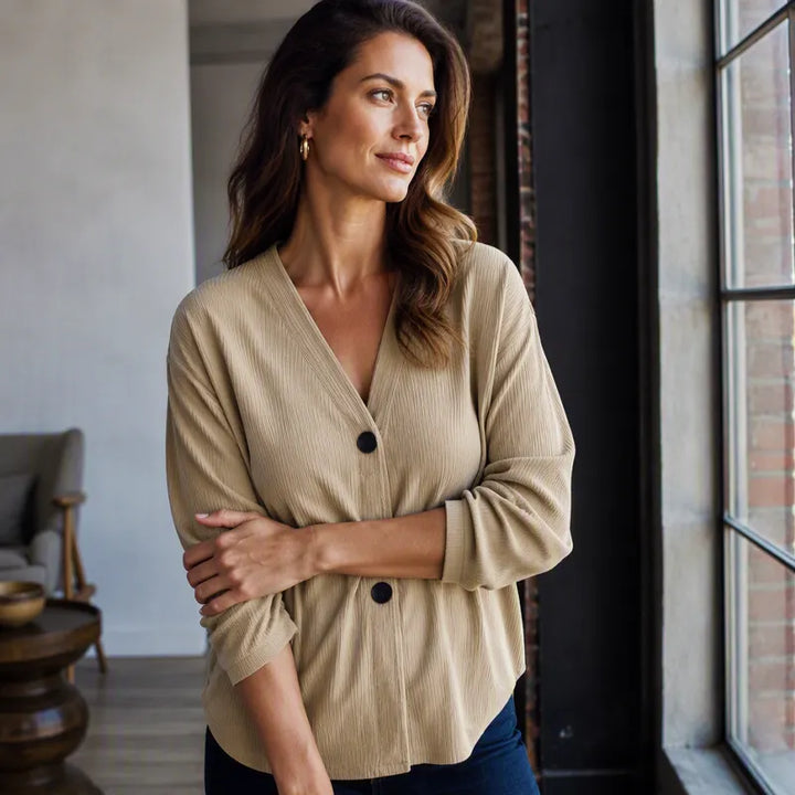 Women's Ribbed Buttoned V-Neck Cardigan