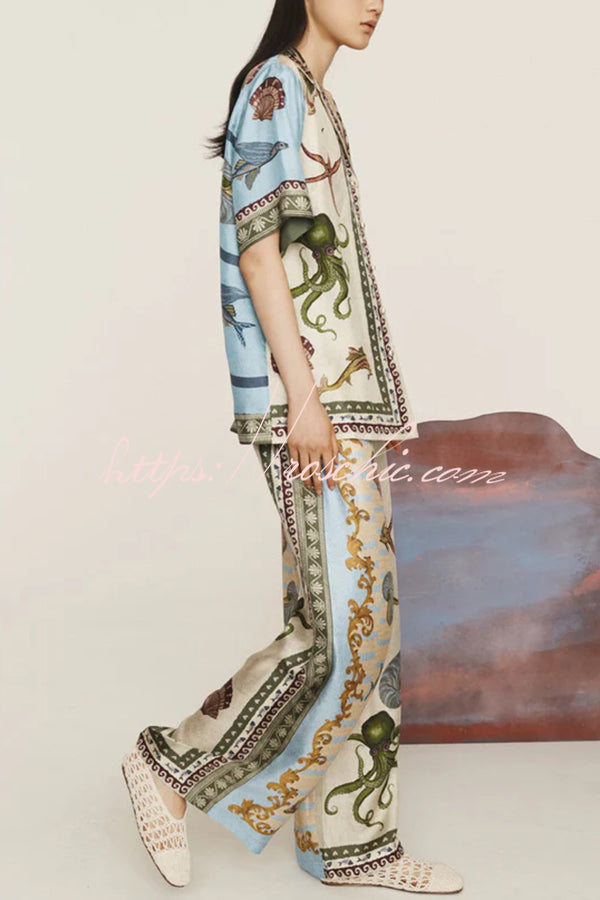 Deep Sea Dreaming Satin Unique Print Short Sleeve Shirt and Elastic Waist Pocketed Pants Set, view 6 - Elena Harper