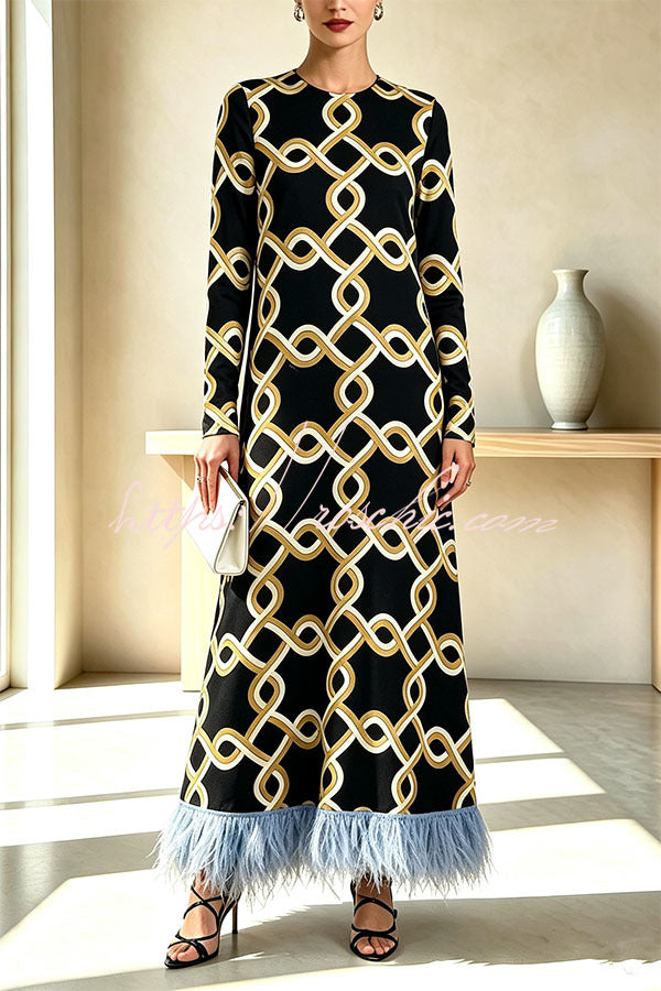 Cecilia Satin Colorful Baroque Style Printed Long Sleeve Feather Trim Maxi Dress (Shipped Within 24 Hours)