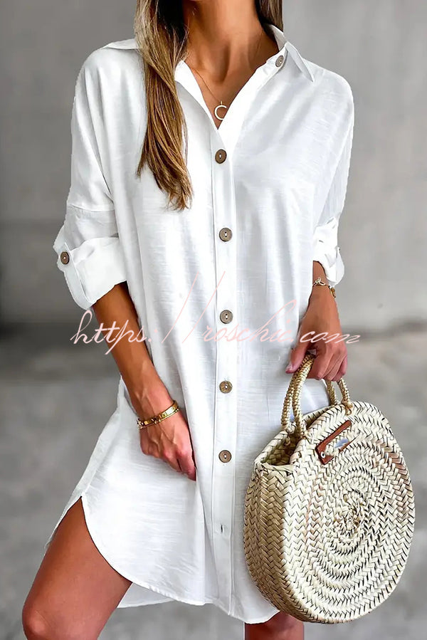 Solid Color Casual Button-Down Shirt Style Mini Dress - Elena Harper