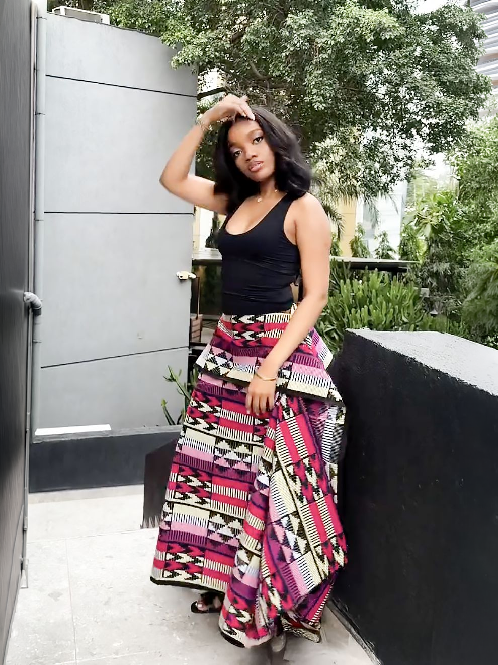 Vibrant Multicolor Geometric High-Low Midi Skirt