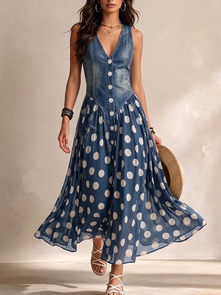 Adeline Long Denim Dress with Polka Dots - Elena Harper