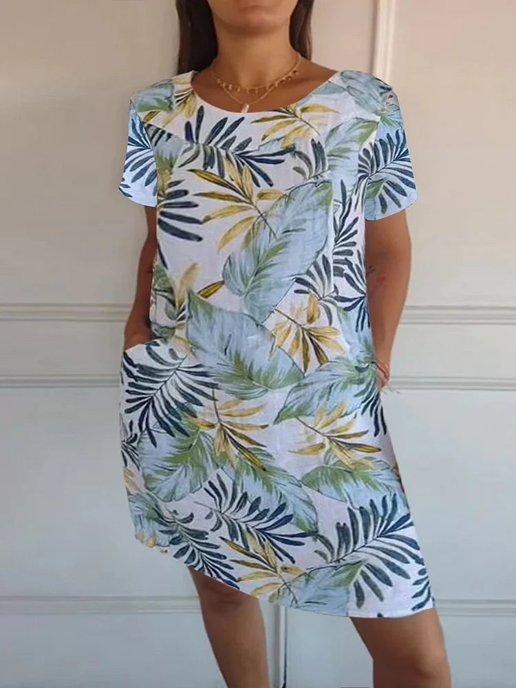 Printed summer dress in cotton and linen for women with pockets - Elena Harper