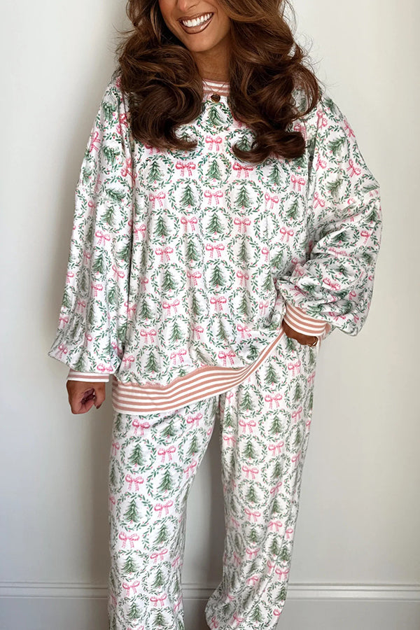 Christmas Print Loose Long-sleeved Top and Elastic Waist Casual Pants Set, view 6 - Elena Harper