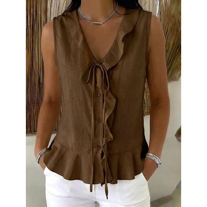 Brigela Airy Cotton Top with Tie and Ruffled Hem, view 7 - Elena Harper