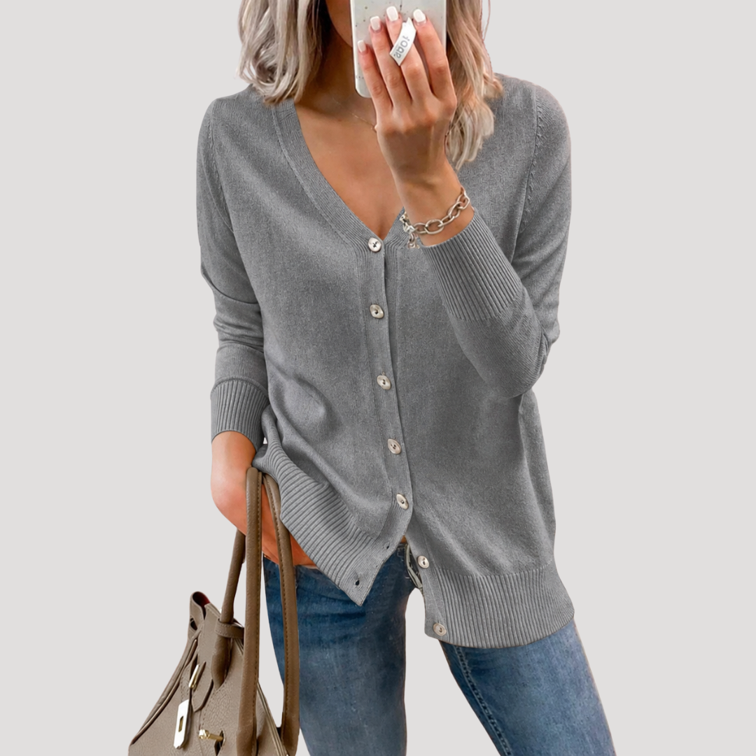 Women's V-Neck Knit Cardigan with Ribbed Cuffs