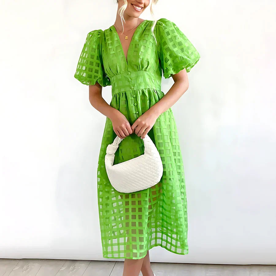 Caelis | Classic Patterned Puff Sleeve Midi Dress