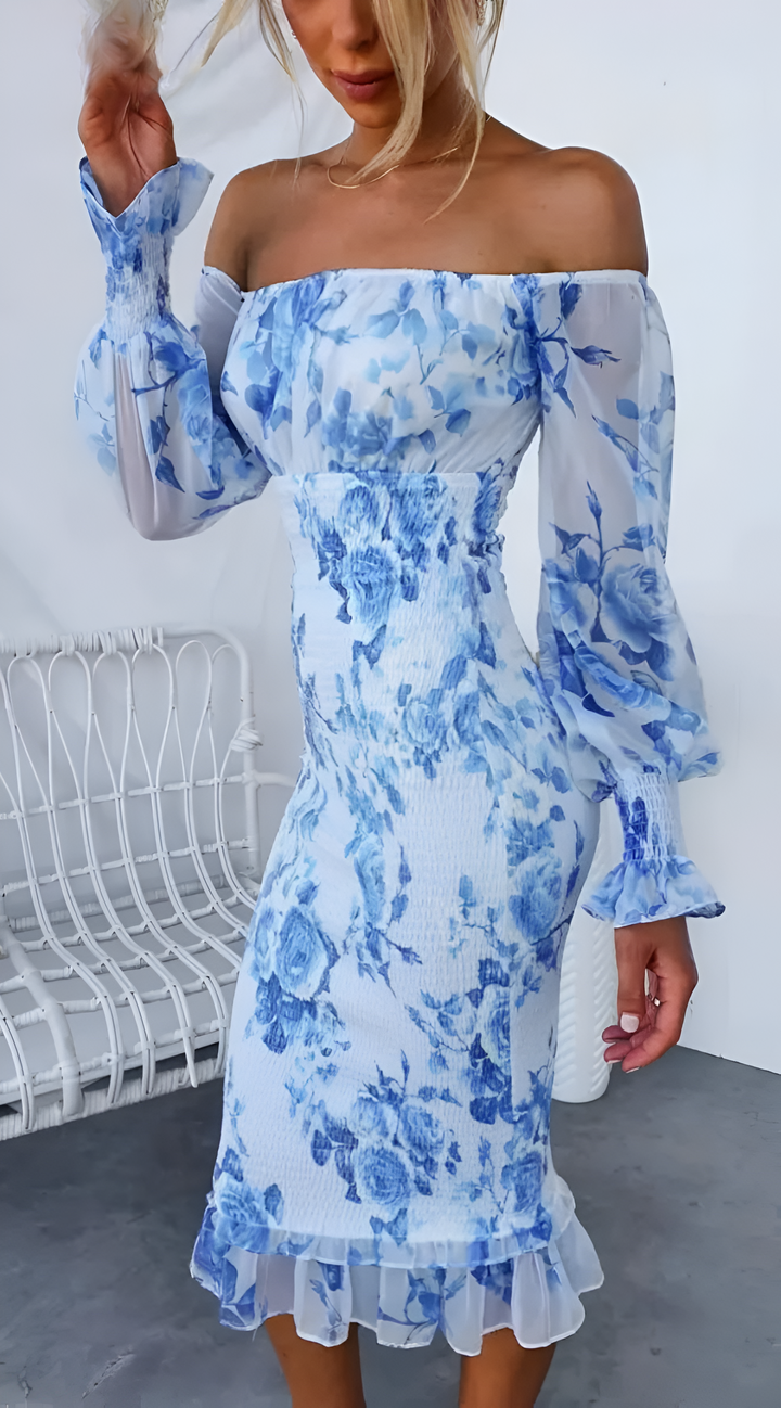 Nadia Floral Off Shoulder Smocked Waist Midi Dress - Elena Harper