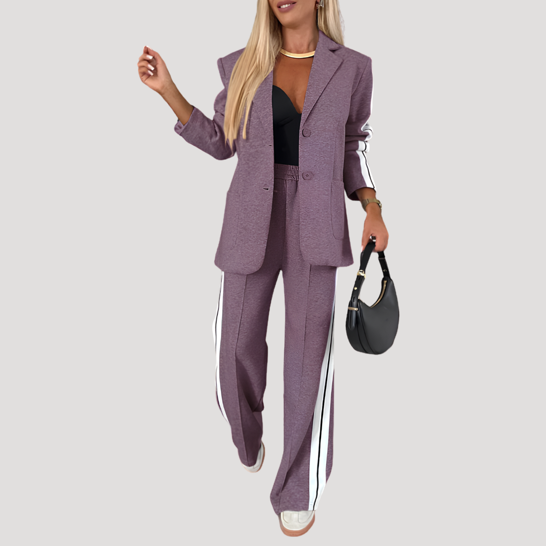 Women's Blazer Set with Striped Wide Pants
