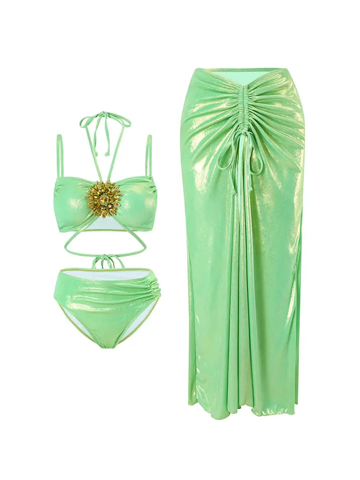 Mint Green Rhinestone Halter Bikini Set, view 7 - Elena Harper
