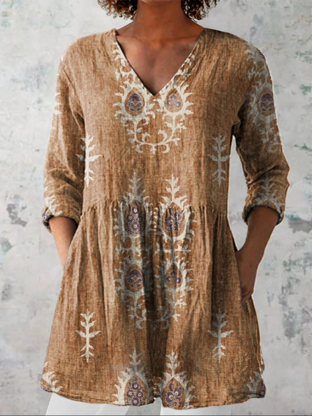 Elise Long Blouse with V-Neck - Elena Harper