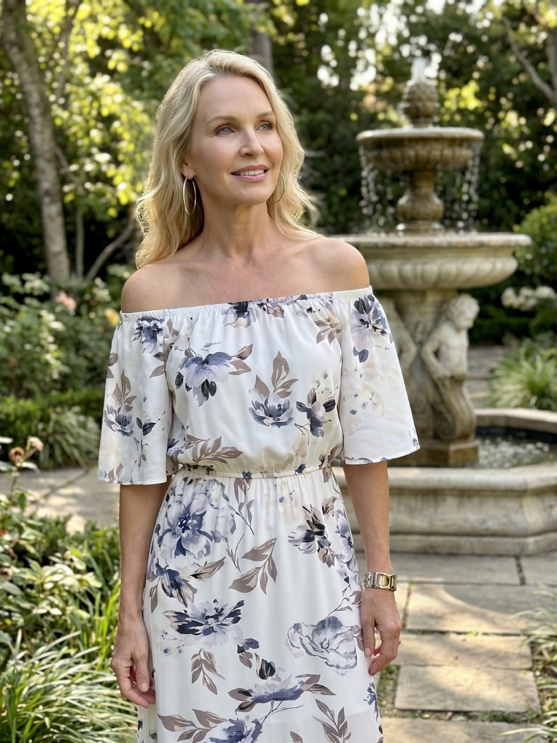 Elowira Off Shoulder Soft Floral Print Midi Dress - Elena Harper