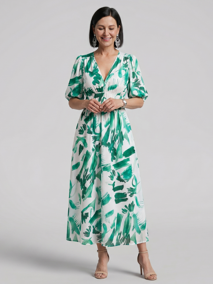 Candlia Puff Sleeve V Neck Abstract Print Midi Dress - Elena Harper