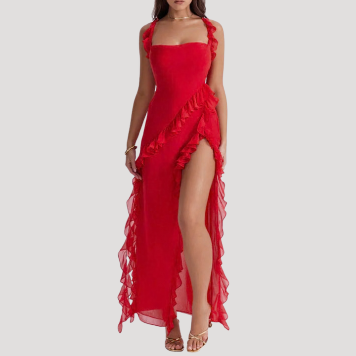 Elegant Long Split Dress with Ruffles