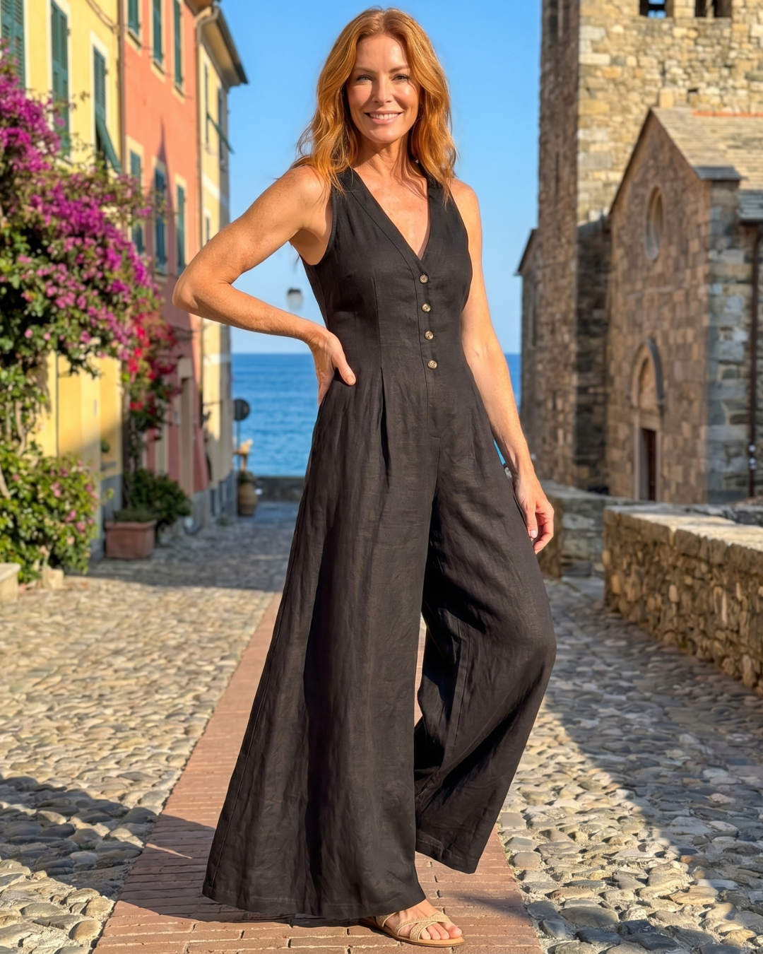 Lyssara Button Front Sleeveless Wide Leg Relaxed Jumpsuit - Elena Harper