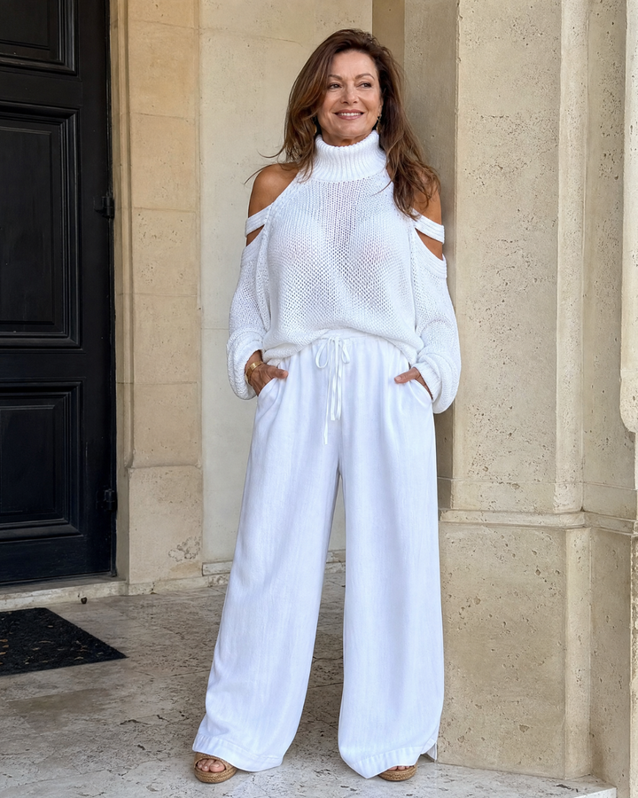 Elamen Cold Shoulder Knit Sweater Wide Leg Pants Set - Elena Harper