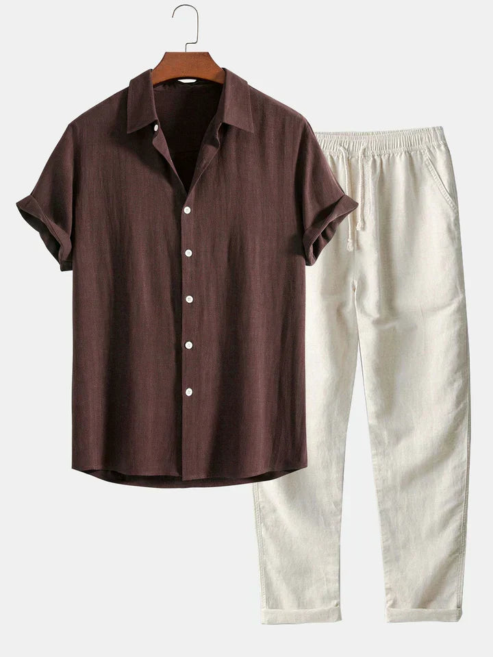 Booker Linen Blend Shirt with Straight Pants, view 2 - Elena Harper