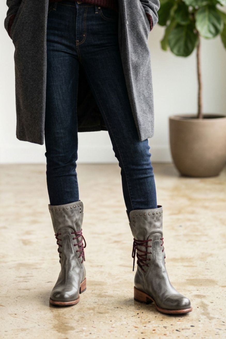 Women's Calf-Height Lace-Up Boots | Round Toe