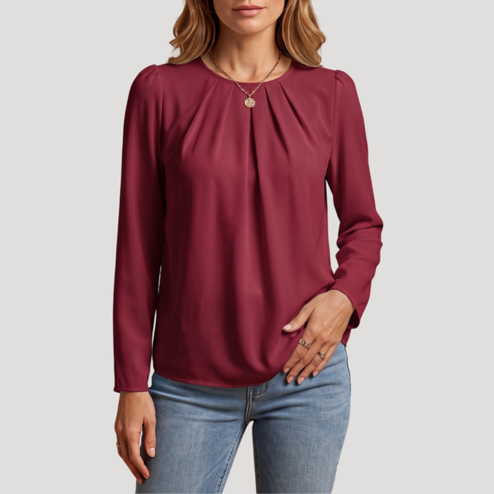 Women's Pleated Work Blouse with Long Sleeves