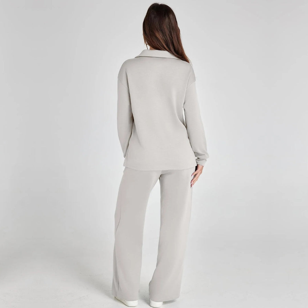 Ladies Loungewear Set with V-Neck Sweater and Wide Comfy Pants