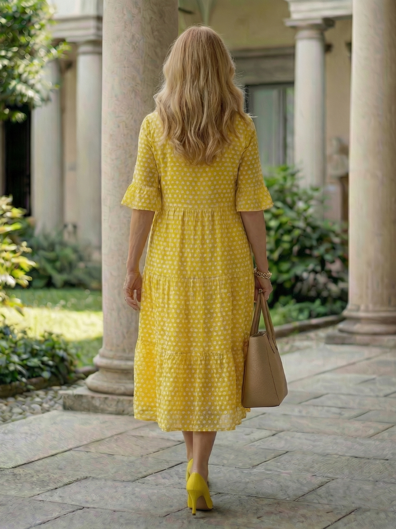 Arlo Polka Dot Tiered Midi Dress Short Sleeve - Elena Harper