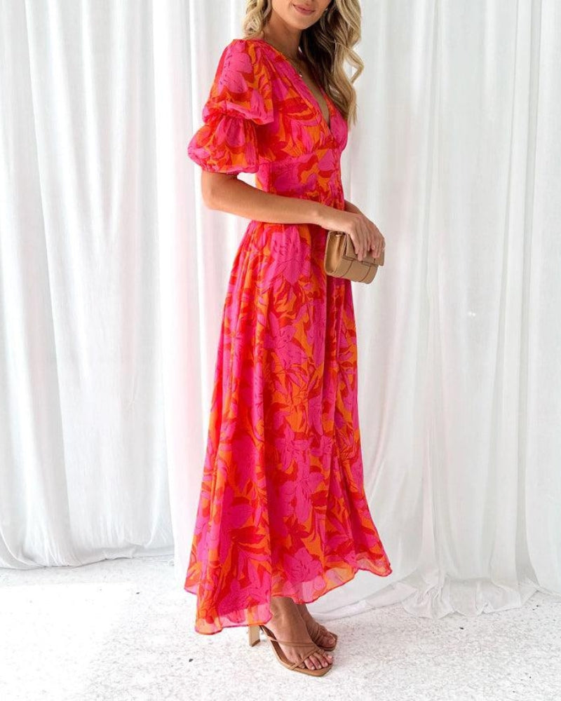 Women's Puffed Sleeve Maxi Dress - Elegant V-Neck & Flowing Design